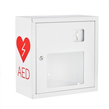ASB1011-W-AED-R - Metalowa szafka na defibrylator przeznaczona wewnątrz budynku z alarmem dźwiękowym i zamknięciem na kluczyk - 37 x 37 x 17 cm
