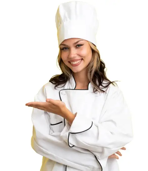 Kucharka w odzieży gastronomicznej, reprezentująca jakość i styl odzieży oferowanej w sklepie