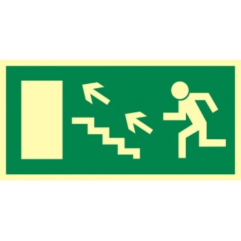 AC020 Kierunek do wyjścia drogi ewakuacyjnej schodami w górę w lewo (znak uzupełniający) 
