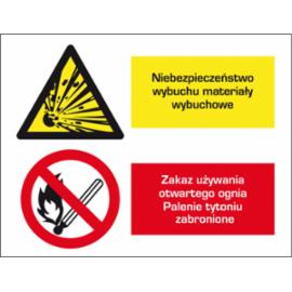 ZZ-1OZ - Znak BHP Niebezpieczeństwo wybuchu materiałów wybuchowych. Zakaz używania otwartego ognia.  Palenie tytoniu zabronione - 220x300